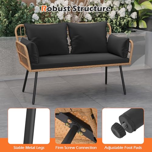 Tangkula Patio Wicker Loveseat, Outdoor 2-Seater PE Rattan Sofa with Pillows, Cushions, Metal Frame & Adjustable Foot Pads, 660 lbs Outside Couch for Porch, Backyard & Poolside (Black, 50.5" L)