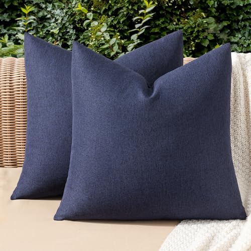 MIULEE Pack of 2 Decorative Outdoor Solid Waterproof Throw Pillow Covers Faux Linen Garden Farmhouse Cushion Cases for Summer Patio Tent Balcony Couch Sofa 18x18 Inch Navy