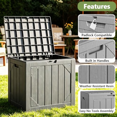 MAKE CHANGES Outdoor Storage Box,30 Gallon Deck Box Outdoor Storage Bench Outside Waterproof Resin Storage Bench, Lockable Patio Cushions, Garden Tools Storage For Furniture, UV Resistant(Gray