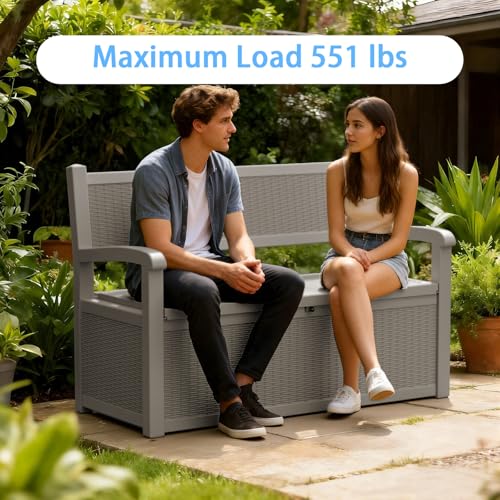Pepe Tee 80 Gallon Outdoor Storage Bench, Resin Deck Box with Backrest and Armrests, All-Weather Seating, Coffee