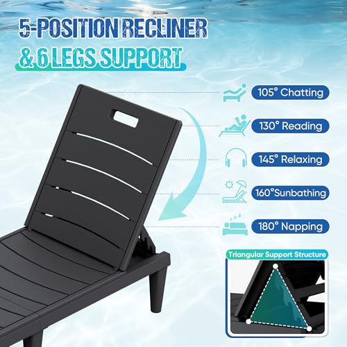 Greesum Outdoor Chaise Lounge Chair Set of 2, Waterproof 5-Position Adjustable PP Sun Loungers for Patio, Poolside, and Beach Sunbathing, Black
