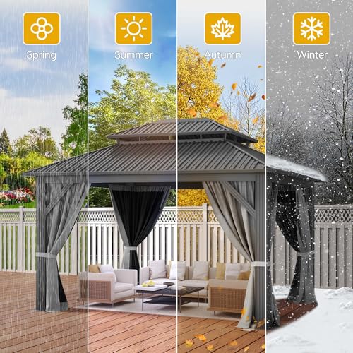 DWVO 12x14ft Hardtop Gazebo Double Roof with Nettings and Curtains, Heavy Duty Galvanized Steel Outdoor Roof for Patio, Backyard, Deck, Lawns, Gray