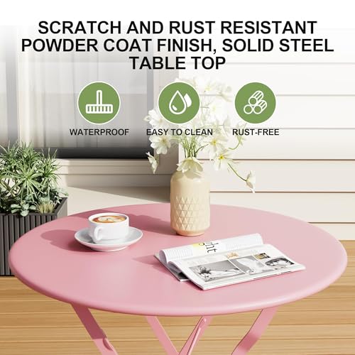 GarveeHome 3-Piece Foldable Bistro Set, Outdoor Patio Furniture with 2 Folding Chairs & 1 Table, Weather-Resistant Indoor/Outdoor Conversation Set for Patio, Garden, Balcony, Pink Flat Tube
