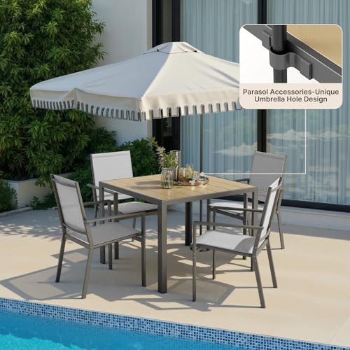 Ahomly Patio Table and Chairs Set for 4, All-Weather Outdoor Dining Set with Umbrella Hole, Outdoor Table and Chairst for Patio, Lawn, Garden, or Deck, Rustproof Steel Frame, Grey