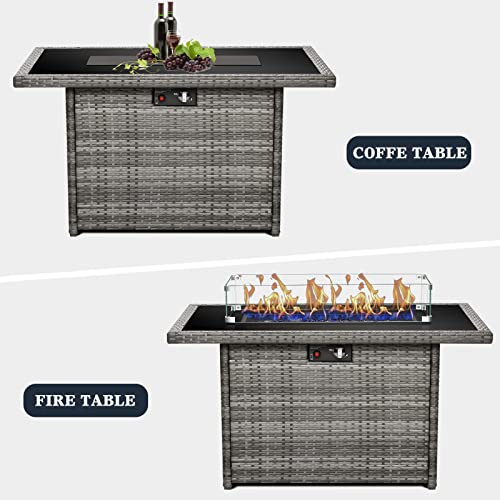 KHOLH 44 Inch Propane Gas Fire Pits Table for Outside Patio, 60000 BTU Rectangular Outdoor Wicker Rattan Fire Pit with Glass Wind Guard