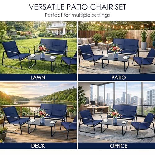 Kozyard Sofia 4-Piece Patio Conversation Set, Outdoor Furniture Set with Loveseat, 2 Chairs & Table, Breathable Textilene Seating, Powder-Coated Metal Frame, All-Weather for Balcony Backyard Navy Blue