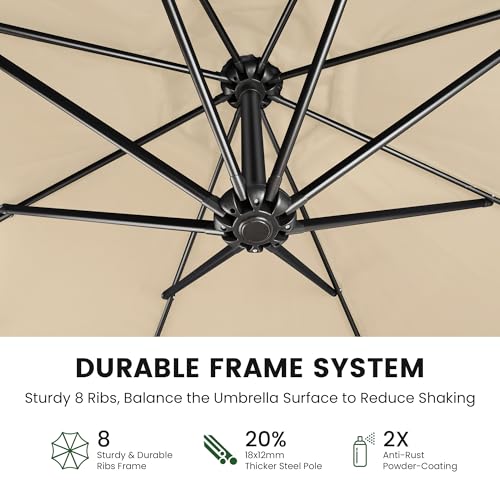 OLILAWN Cantilever Offset Patio Umbrellas, Outdoor 10 feet Large Patio Umbrella with Base Included, Upgraded Yarn-dyed Fabric Shade, Sturdy 8 Rids, 360 Degree Rotation & Easy Tilt Adjustment, for Resort Courtyard Hotel Leisure Zone Commercial Leisure Terr