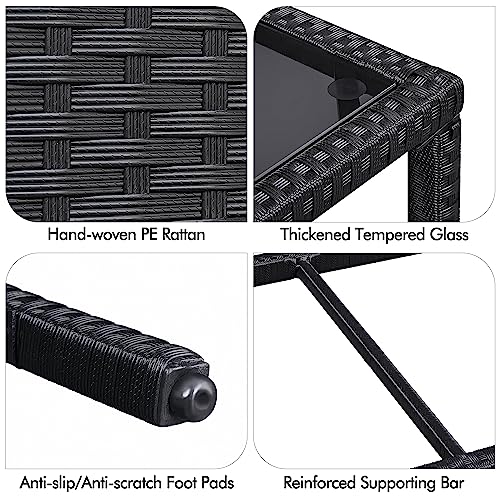 Yaheetech Outdoor Wicker Coffee Side Table, All-Weather Rattan Patio Storage Furniture with Tempered Glass Top for Garden, Black