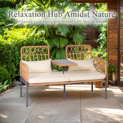 PROHIKER ROHIKER Outdoor Patio Loveseat Rattan Loveseat 2-Seat Furniture with Built-in Table, Lumbar Pillows and Cushions, All-Weather Small Patio Couch for Balcony, Lawn, Backyard