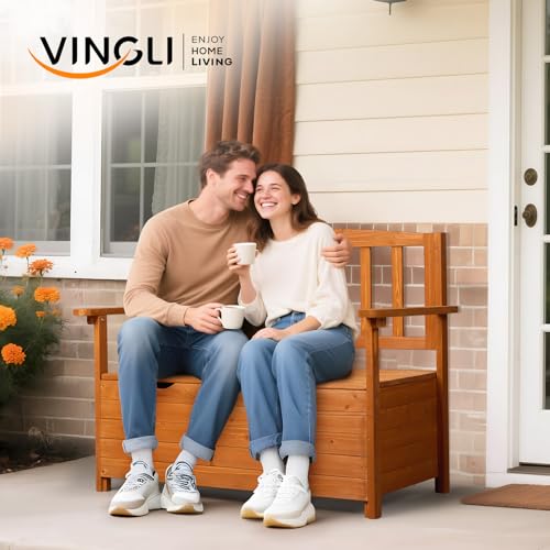 VINGLI Outdoor Storage Bench, Large Wood Deck Box with Seating, Weatherproof Outdoor Bench with Storage Loveseat, 2-Person Wooden Patio Bench for Entryway, Backyard, Garden