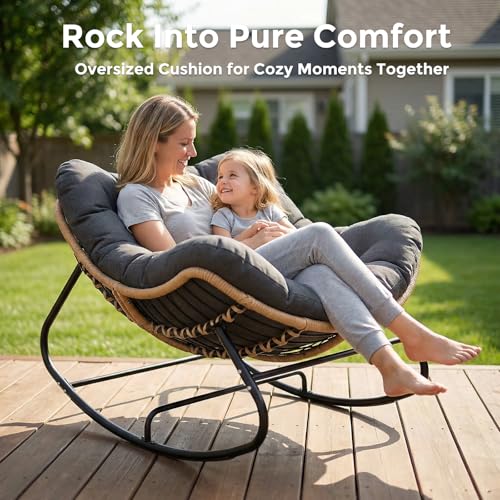 SWITTE Outdoor Papasan Rocking Chair, Oversized Patio Egg Chair with Thick Cushion, Indoor Wicker Lounge Rocker Bed for Balcony, Porch, Garden, Gray