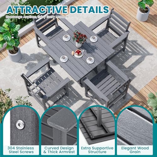 PamapicLife Outdoor HDPE Dining Table Set, 5-Piece All-Weather HDPE Outdoor Table and Chairs with Elegant Armrest, Wood Grain Patio Furniture Sets with Umbrella Hole for Porch, Backyard, Gray