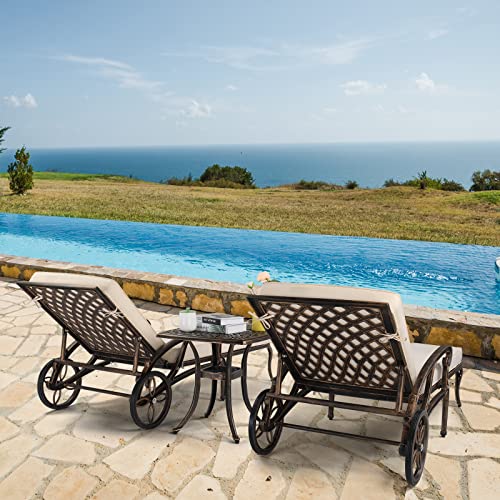 VINGLI Cast Aluminum Outdoor Chaise Lounge Chair with Wheels, Patio Chaise Lounges with 3-Position Adjustable Backrest, Pool Lounge Chair Reclining Chairs for Poolside Tanning (2, Bronze & Cushion)