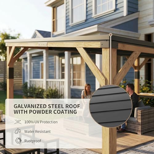 Outsunny 10' x 14' Wooden Gazebo with Galvanized Steel Sloped Roof, Hardtop Lean-to Gazebo Pergola with Bar Shelf, Large Heavy Duty Awning for Patio, Deck, Backyard, Natural Wood