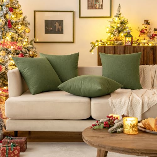 MIULEE Pack of 2 Decorative Outdoor Solid Waterproof Throw Pillow Covers Faux Linen Garden Farmhouse Cushion Cases for Patio Tent Balcony Couch Sofa 18x18 Inch Dark Green
