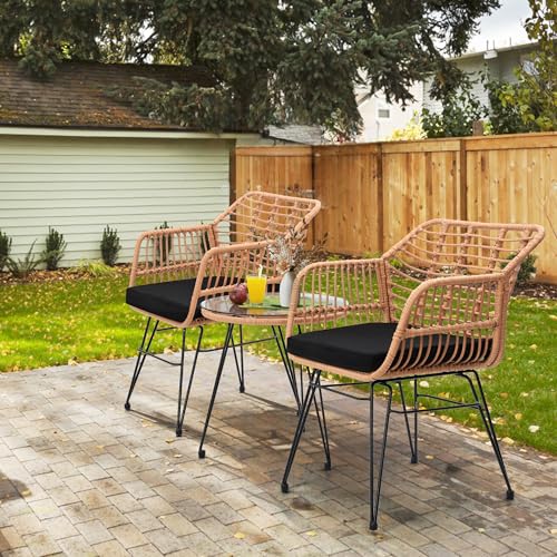 KROFEM 3 Piece Wicker Patio Bistro Furniture Set, Includes 2 Rattan Chairs and Glass Top Table, Ideal for Porch, Outdoor, Backyard, Apartment, Balcony, Natural