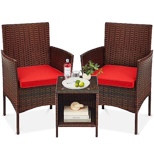 Best Choice Products 3-Piece Outdoor Wicker Conversation Bistro Set, Space Saving Patio Furniture for Garden w/Side Table - Brown/Red