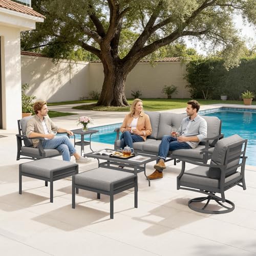 Mvpipi 7 Piece Aluminum Patio Conversation Set, Outdoor Metal Furniture Set w/Rocking Swivel Chairs, 3-Seat Sofa, Ottomans and Coffee Side Table, 5" Thickened Cushions for Backyard, Poolside, Gray