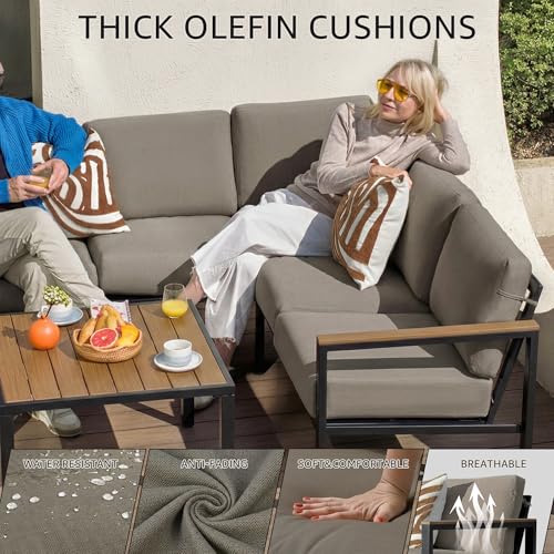 NATURAL EXPRESSIONS 6 Pieces Patio Furniture Set, Outdoor Sofa with Thick Olefin Cushions, Fauxwood Armrest and Tabletop, Ergonomic Highback, Outdoor Sectional Furniture for Backyard, Deck, Shale