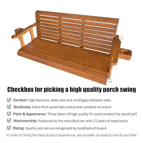 Wooden Porch Swing 3-Seater, Bench Swing with Cupholders, Hanging Chains and 7mm Springs, Heavy Duty 800 LBS, for Outdoor Patio Garden (Warm Teak Color, 5 FT Extra Large)