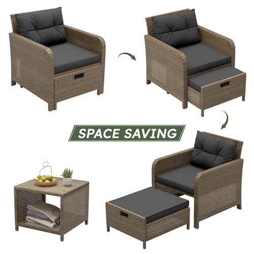 GULAIMOAO Balcony Furniture 5 Pieces Patio Set, Hand-Woven Rattan Patio Conversation Set with Soft Cushions & Coffee Table, Outdoor Chairs with Hidden Ottoman for Porch, Lawn, Garden, Balcony, Black