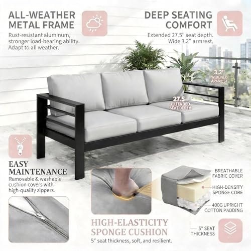 Kiss the Water Outdoor Couch Aluminum Patio Furniture Sofa, 3 Seat All-Weather Metal Patio Couch with 5" Thick and Soft Cushion and Wide Arm, Outdoor Sofa for Balcony, Porch