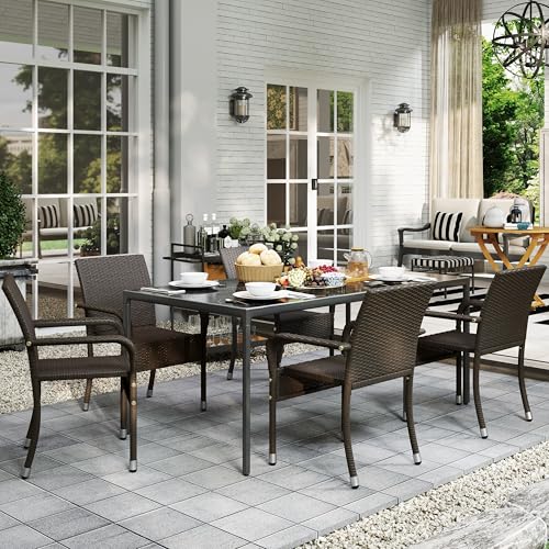 Yaheetech Set of 2 Stackable Outdoor Rattan Dining Chairs, All-Weather Armchair w/Armrests, Steel Frame for Garden, Patio, Deck, Yard, Poolside, Brown