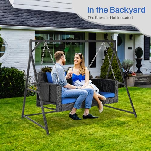 GODECOR 4FT Wicker Porch Swing for 2 Person, 800lb Capacity Outdoor Hanging Bench with Removable Cushions, Handwoven Weather-Resistant PE Rattan for Patio, Garden & Backyard