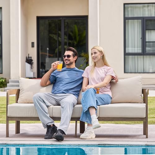 COMLAX FIELD Aluminum Outdoor Patio Sofa, 3-Seat All-Weather Metal Modern Couch with Washable Thick Cushion for Garden/Backyard/Porch, Beige