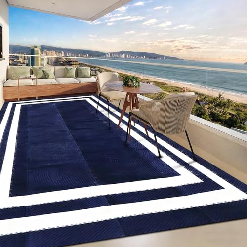 8'x 10' Outdoor Rug,Waterproof Reversible Patio Rugs,8x10 ft Plastic Straw Outdoor Carpet Foldable Plastic Camping Mat for Outside RV, Patio,Picnic,Camper,Balcony,Porch(Navy Blue &White)