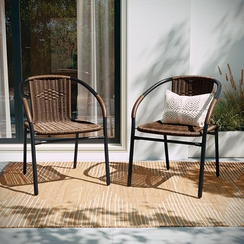 EMMA + OLIVER Set of 2 Modern PE Rattan Stack Chairs, Indoor/Outdoor Patio Dining Chairs, No Assembly Required, Brown