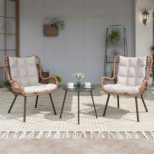 LAUSAINT HOME 3 Piece Outdoor Bistro Set, Small Patio Furniture Set with Coffee Table and Thick Cushions, Front Porch Furniture for Lawn, Garden, Balcony, Poolside, White
