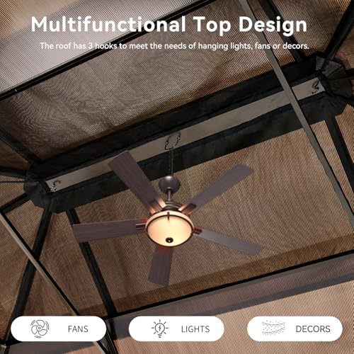 Aoxun 12'x16' Hardtop Gazebo, Outdoor Metal Gazebo with Double Polycarbonate Roof Canopy, Permanent Pavilion with Netting and Curtains for Lawn, Garden, Patio (Brown)