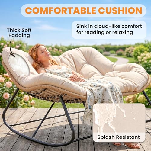 Outsunny Double Papasan Rocking Chair, Wicker Oversized Indoor Outdoor Rocking Papasan Chair with Cushion, PE Rattan Outdoor Rocker Egg Chairs for Living Room, Garden, Patio, Balcony, Cream White