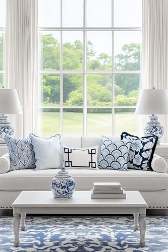 Hofdeco Premium Coastal Patio Indoor Outdoor Scalloped Throw Pillow Cover Only, 20"x20" Water Repellent for Backyard, Couch, Baby Blue Print Stripes