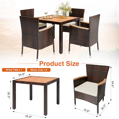 Shintenchi 5 PCS Patio Dining Set, Wicker Outdoor Table and Chairs with Soft Cushions, Patio Furniture Set with Wood Table Top for Backyard, Deck and Garden, Brown Wicker