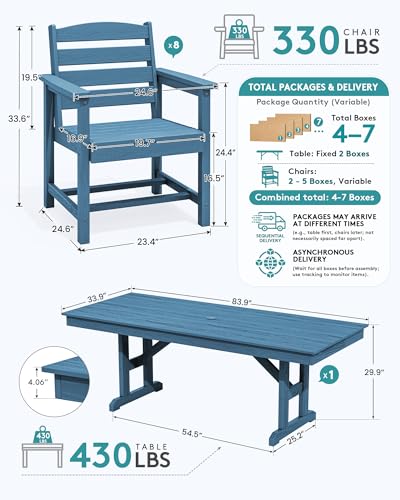 SERWALL 9 Piece Outdoor Dining Set, 84" HDPE Outdoor Table and Chairs for 8，All Weather Patio Furniture Set with Umbrella Hole for Backyard, Garden, Blue