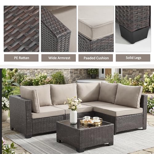 ANJ 3 Piece Outdoor Wicker Patio Furniture Set, Modular Loveseat Sofa with with Glass Top Coffee Table, All-Weather Rattan Conversation Couch Set for Balcony, Backyard, Dark Brown Wicker-Grey