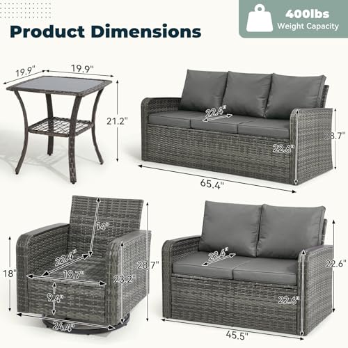 Yalissey 6 Pieces Patio Furniture Sets with Swivel Chairs, Outdoor Furniture Set Sofa Couch for Porch Deck Bistro Lawn Garden Backyard Poolsid- Grey