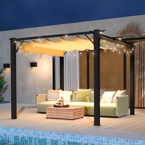 Aoxun 10'x10' Outdoor Pergola, Patio Pergola with Upgraded Retractable Canopy, Heavy Duty Metal Pergolas and Gazebos with Adjustable Sun Shade Cover for Modern Backyard, Deck, Garden