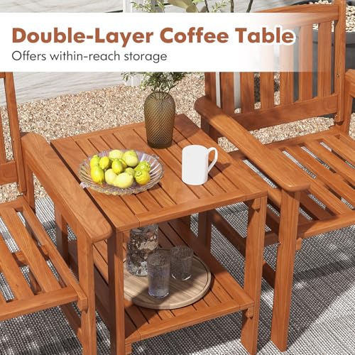 Tangkula 3 Piece Patio Conversation Set, Outdoor Wood Conversation Seat with Table and Umbrella Hole, Outdoor Furniture Set of 3 for Garden Poolside Backyard Balcony Porch