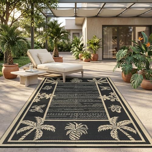 Garvee Outdoor Rug 5x8 Waterproof for Patios, Reversible Plastic Straw Rug, Tropical Leaf Indoor Outdoor Rugs, Large Area Rug for RV, Camping, Deck, Picnic Mat, Outside Carpet, Black & Brown