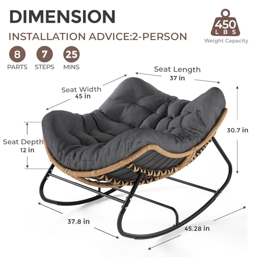 SWITTE Outdoor Papasan Rocking Chair, Oversized Patio Egg Chair with Thick Cushion, Indoor Wicker Lounge Rocker Bed for Balcony, Porch, Garden, Gray