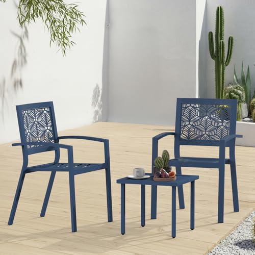 BUPPLEE 3 Piece Patio Bistro Set, Outdoor Steel Furniture Set, Stackable Modern Conversation Sets for Balcony Garden Deck Patio w/2 Chairs 1 Table, Peacock Blue