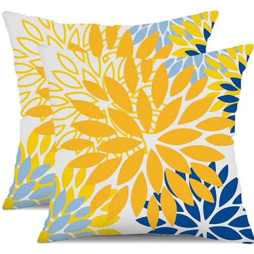 DFXSZ Yellow Blue Flower Pillow Covers 18x18 Inch Set of 2 White Gray Colored Throw Pillows Outdoor Waterproof Decor for Living Room Sofa Patio Funiture Garden Floral Polyester Pillow Covers 002J18