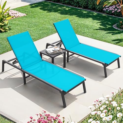 Aluminum Chaise Lounge Chair Outdoor, Foldable & Assembly Free Outdoor Lounge Chair with 5 Position Adjustable Backrest, Patio Pool Lounge Chairs for Outside Poolside Beach Lawn, 1PC, Lake Blue