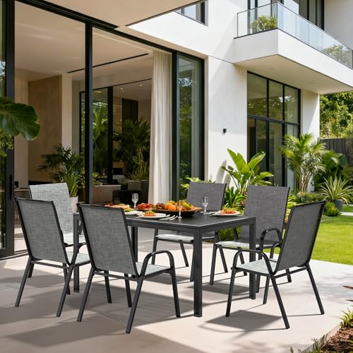 Pamapic Outdoor Dining Sets for 6, Rectangular Steel Slat Table with 6 Textilene Chairs, 7 Piece Patio Table and Chairs Set with Umbrella Hole for Patio, Garden, Backyard and Poolside (Grey)