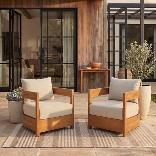 SAFAVIEH Outdoor Patio Furniture Collection - Kento Natural Wood Arm Chair Set of 2 with Taupe Cushions, Wide & Deep Comfortable Seating, Modern Design (PAT7097A)