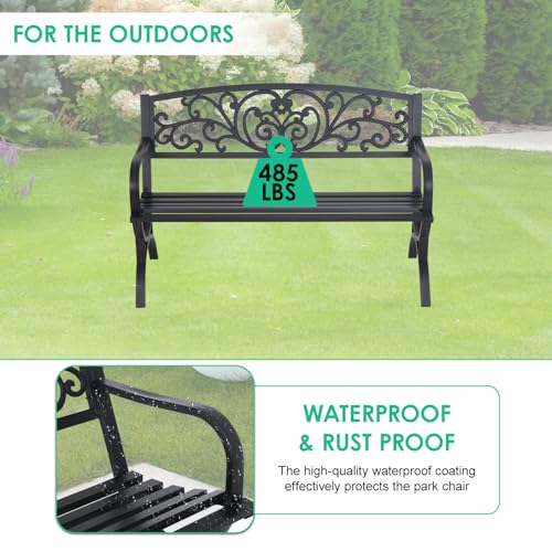 FDW Outdoor 50 Inches Garden Bench, Slatted Seat Armrests Floral Design Backres and Arch Legs, Perfect for Park, Yard, Porch, Lawn, Balcony, Backyard, Black