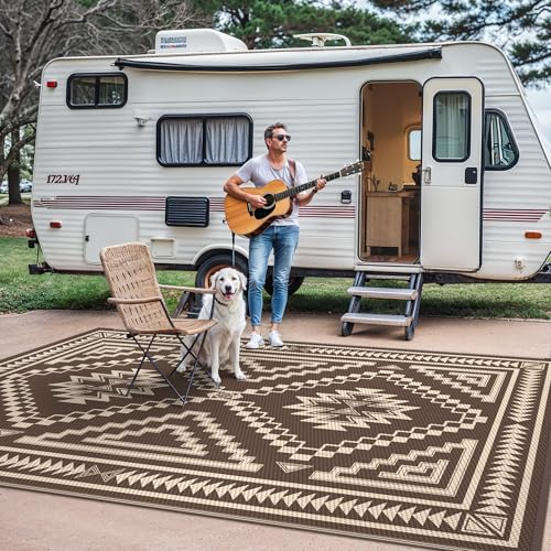 GENIMO Outdoor Rug for Patio Clearance - 9x12 ft Waterproof Plastic Camping Rugs, Reversible Outside Rv Mat Carpet for Porch, Deck, Picnic, Balcony, Beach, Backyard, Coffee Beige